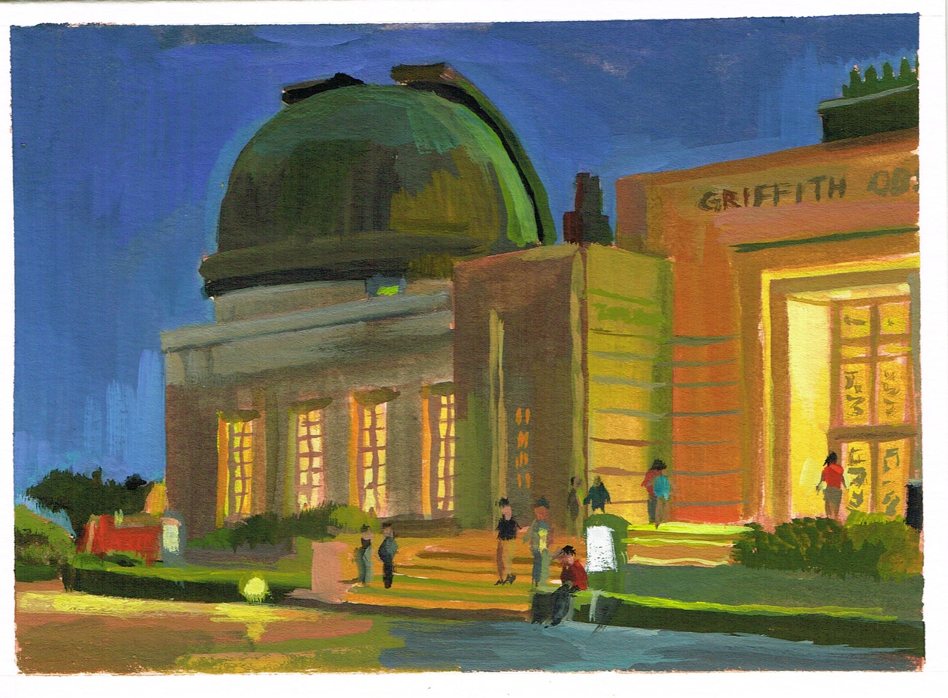 Wandering Girl and Griffith Observatory at night Holiday Card Painting