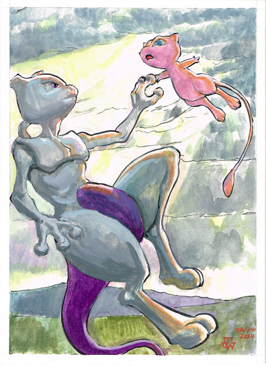 Mew and Mewtwo, Genesect in a Pokemon clone lab Illustration