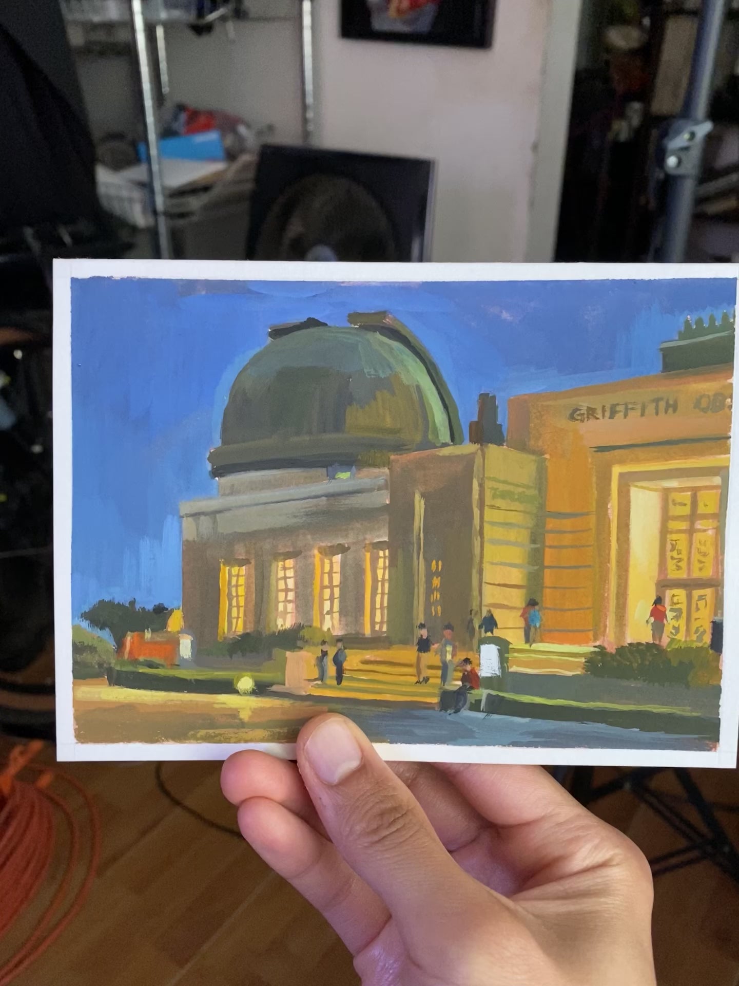 Wandering Girl and Griffith Observatory at night Holiday Card Painting